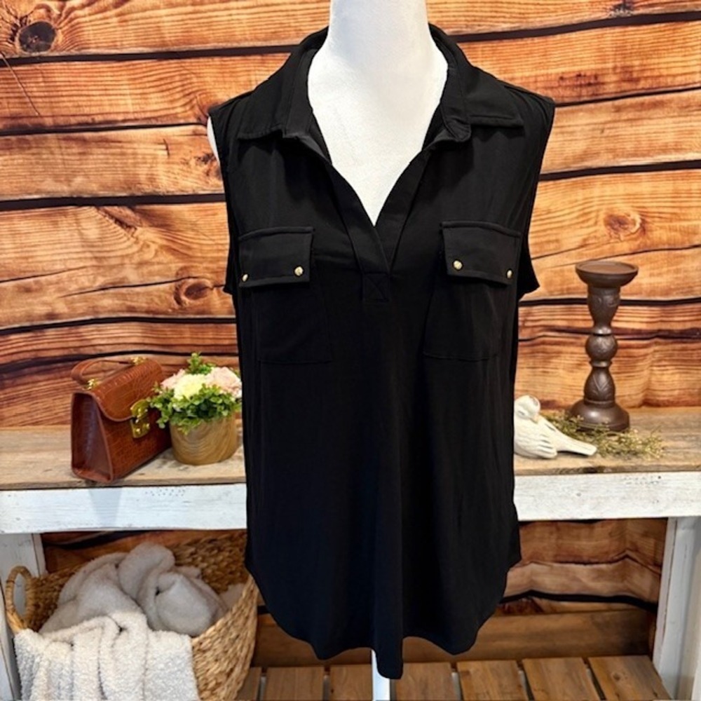 Blue Mood Womens Black‎ Collared Sleeveless Blouse w/Pockets Size PXL